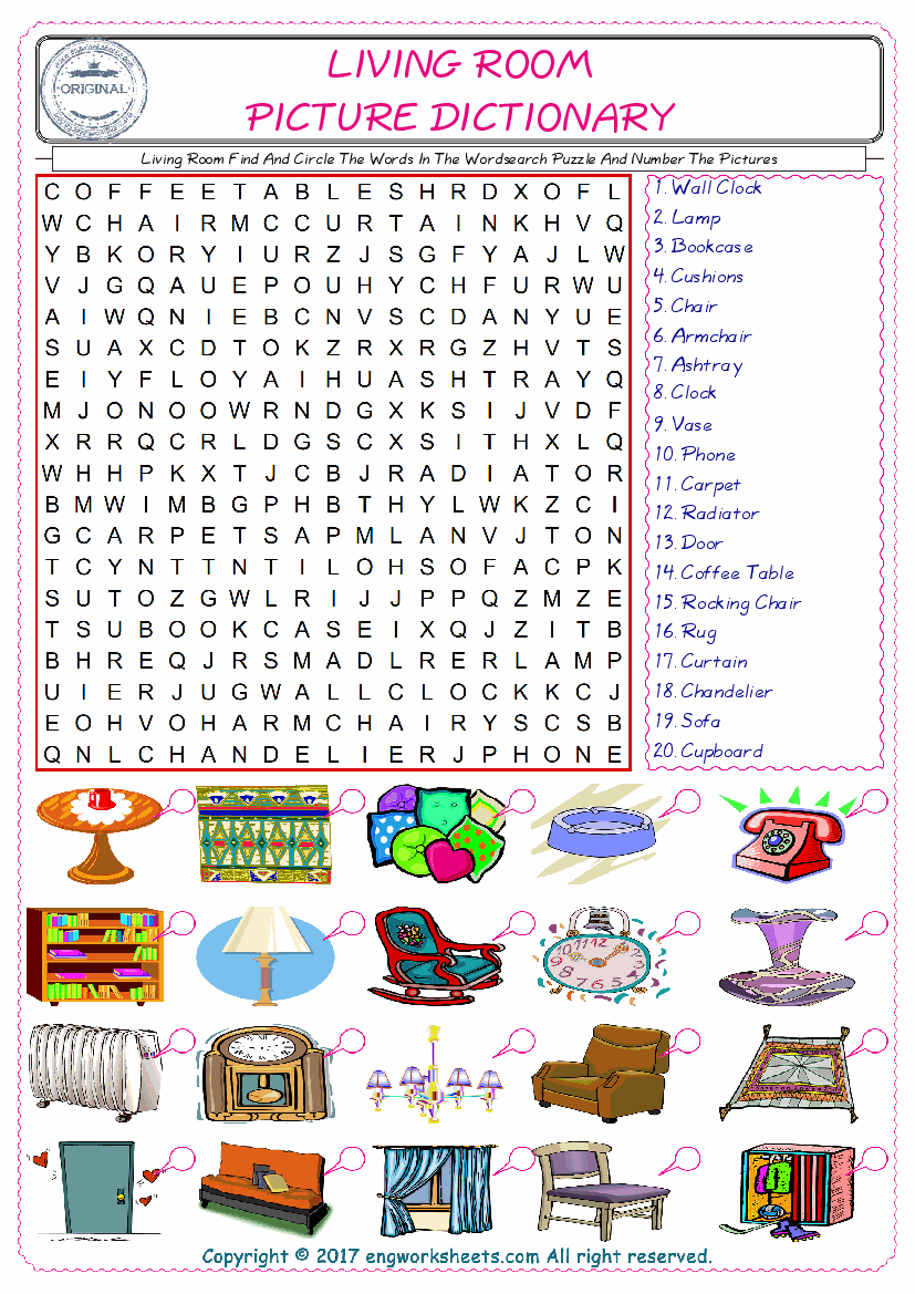  ESL wordsearch worksheets for kids, find Living Room words in the word wordsearch write its number on its picture English worksheet. 